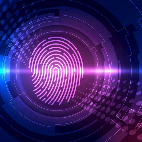 Fingerprint integrated in a printed circuit, releasing binary codes. fingerprint Scanning Identification System. Biometric Authorization and Business Security Concept. Vector illustration background